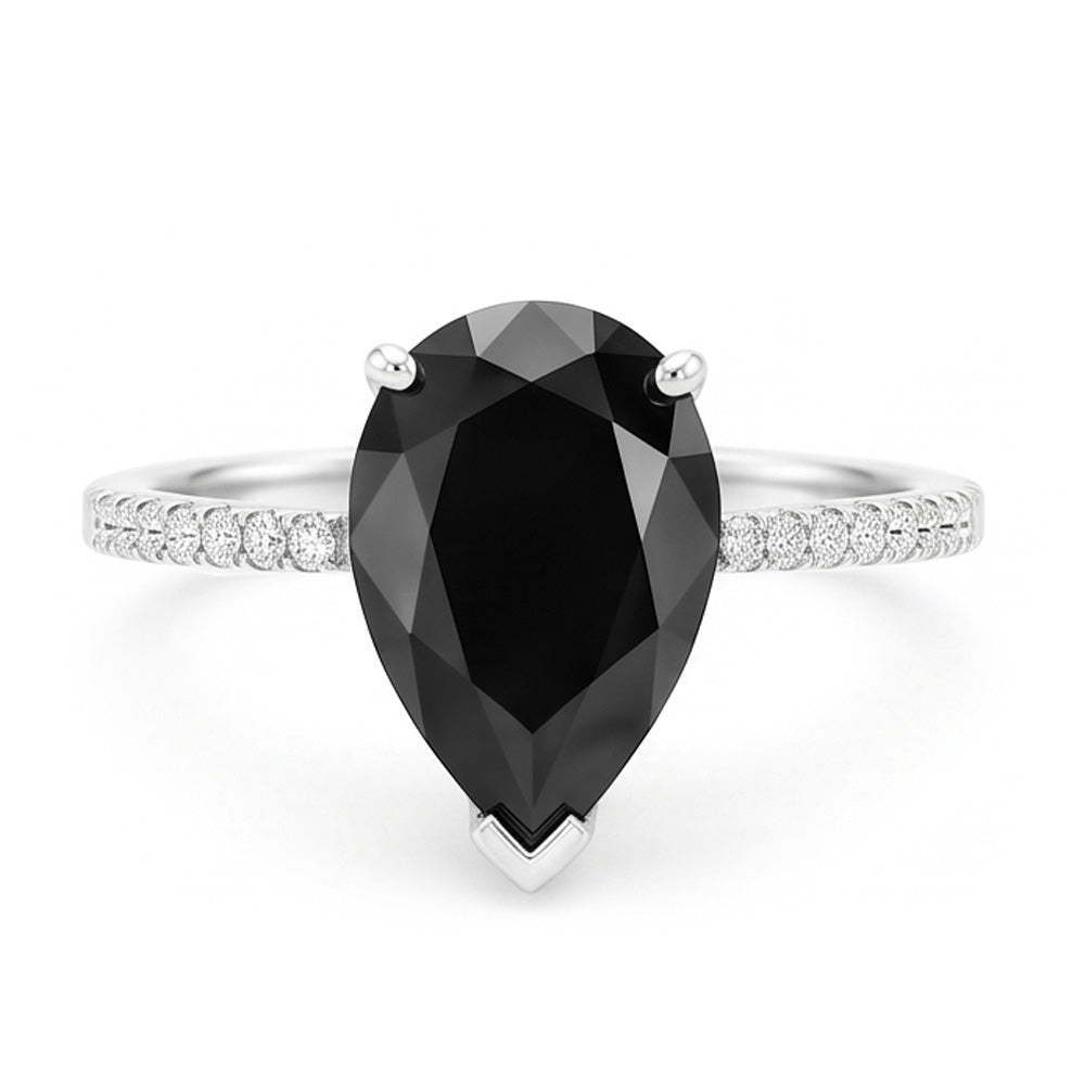 Black Diamond Ring 5 Carat Natural Pear Pave Solitaire 14K White Gold