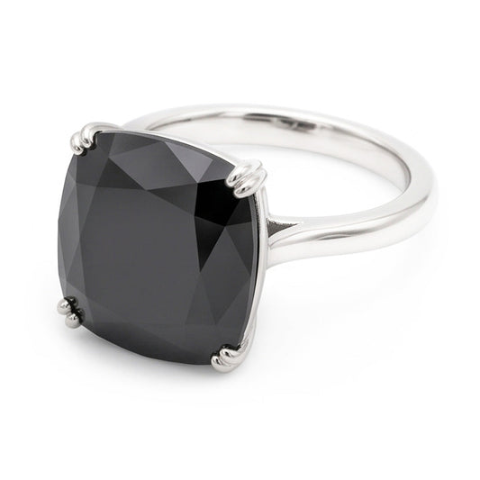 Black Diamond Ring 6 Carat Natural Cushion Solitaire 14K White Gold