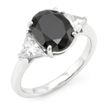 Black Engagement Ring Women 3.6 Carat Natural Oval Diamond Trilliant Three Stone 14K White Gold