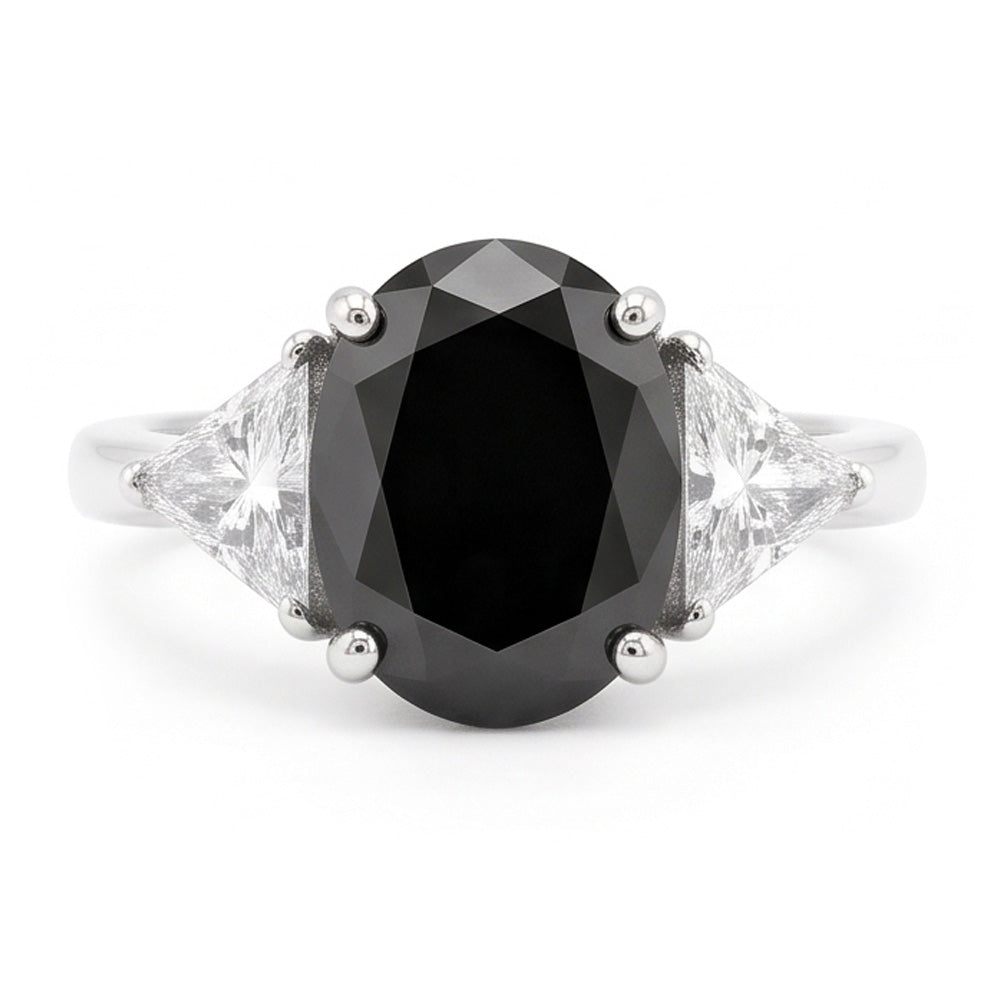 Black Engagement Ring Women 3.6 Carat Natural Oval Diamond Trilliant Three Stone 14K White Gold