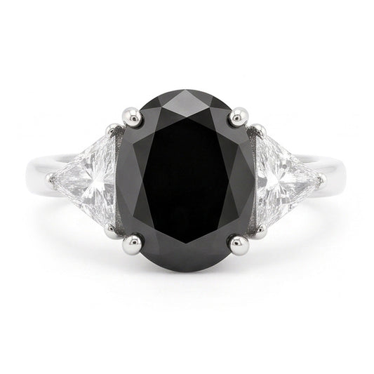 Black Engagement Ring Women 3.6 Carat Natural Oval Diamond Trilliant Three Stone 14K White Gold