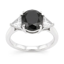 Black Engagement Ring Women 3.6 Carat Natural Oval Diamond Trilliant Three Stone 14K White Gold