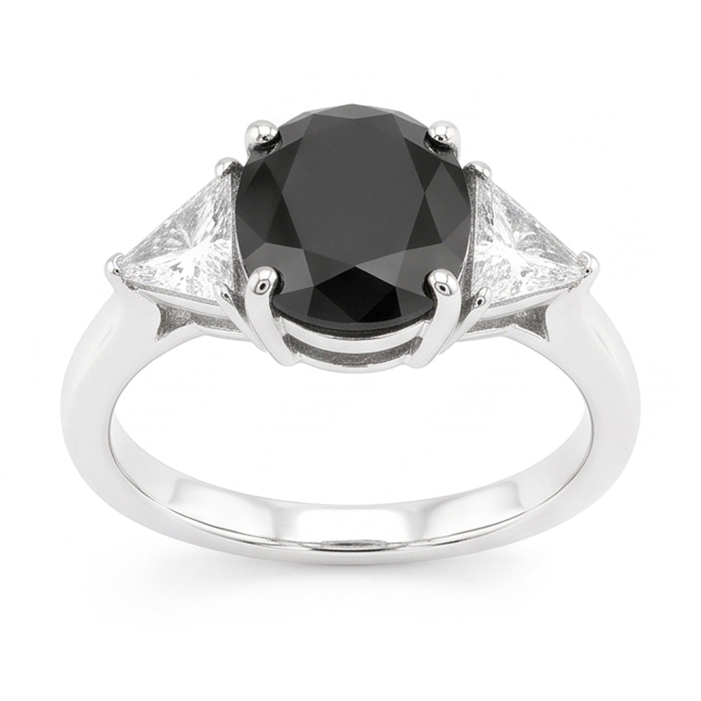 Black Engagement Ring Women 3.6 Carat Natural Oval Diamond Trilliant Three Stone 14K White Gold