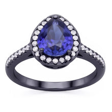 Black Gold Halo Pear Shaped Ring Blue Sapphire & Natural Earth Mined Diamonds 4 Carats