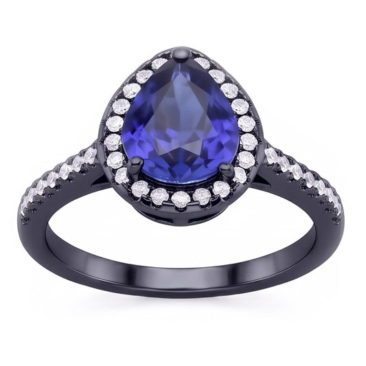 Black Gold Halo Pear Shaped Ring Blue Sapphire & Natural Earth Mined Diamonds 4 Carats