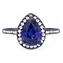 Black Gold Halo Pear Shaped Ring Blue Sapphire & Natural Earth Mined Diamonds 4 Carats