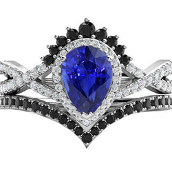 14K White Gold Black Diamond Blue Sapphire Colored Stone Ring 4