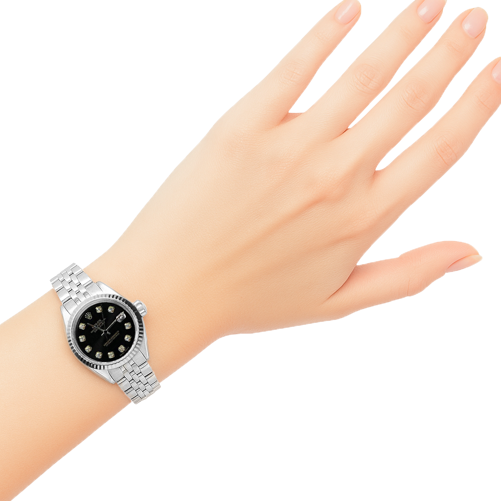 Black Natural Earth Mined Diamond Dial Rolex Date Just Ss Women Datejust Watch P1