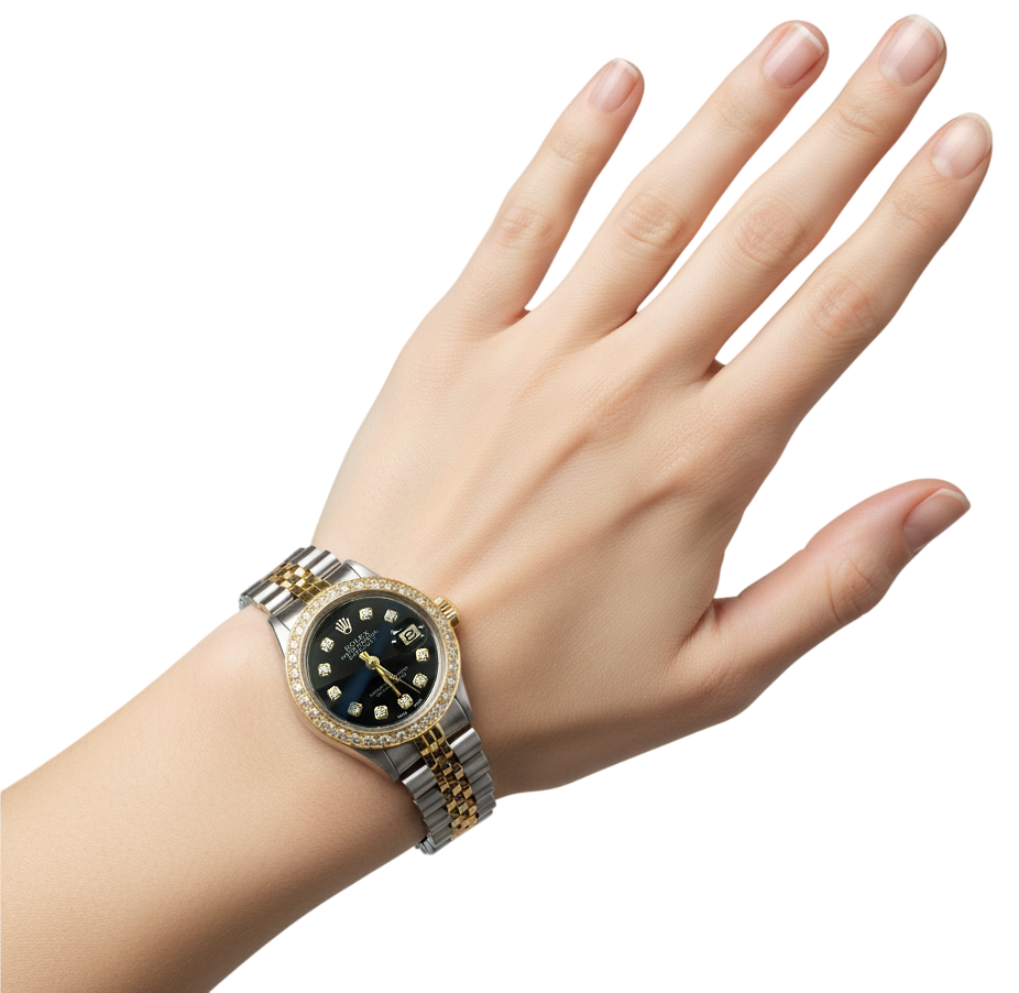 Black Natural Earth Mined Diamond Dial Ss & Gold Bracelet Datejust Ladies Rolex Watch