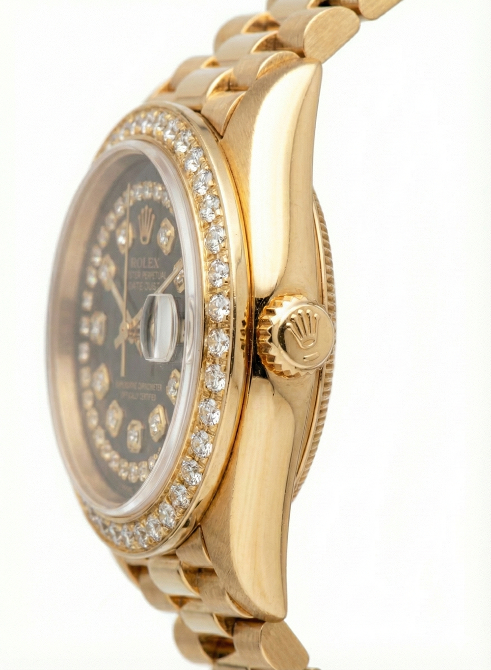 Black String Diamond Dial Rolex Presidente Watch Dj Diamond Bezel