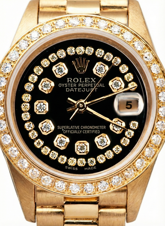 Black String Diamond Dial Rolex Presidente Watch Dj Diamond Bezel