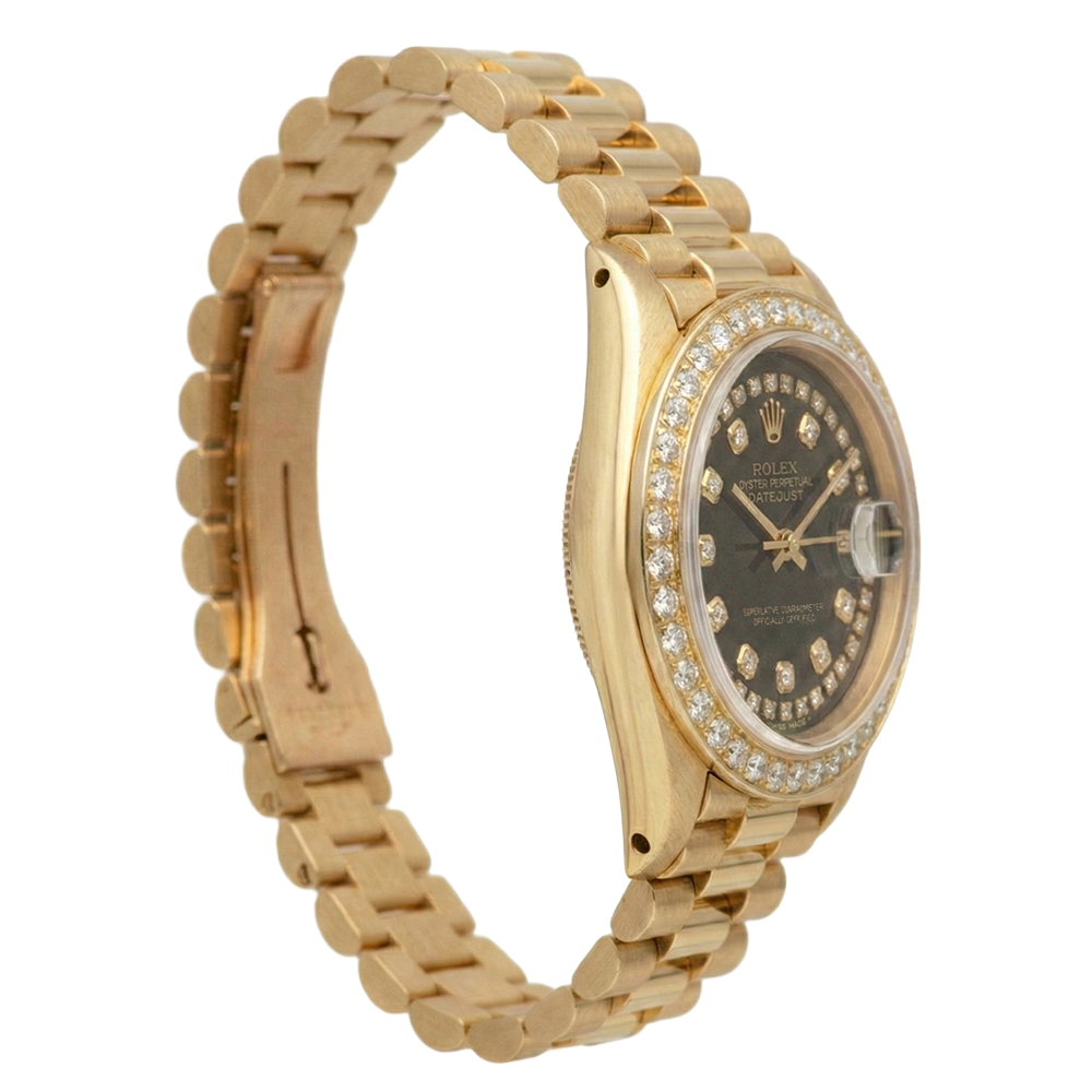 Black String Natural Earth Mined Diamond Dial Rolex Presidente Watch Dj Bezel