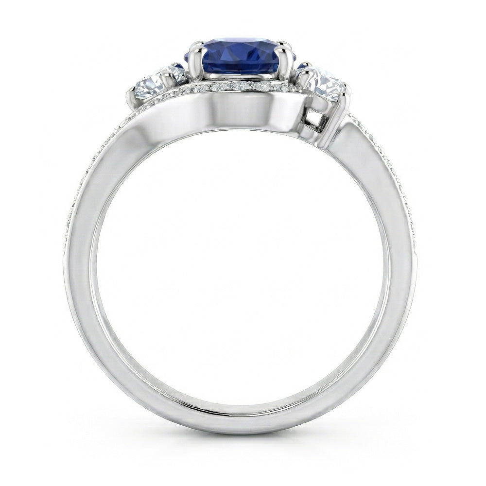 Blue Ceylon Sapphire And Natural Earth Mined Diamond Ring White Gold 14K