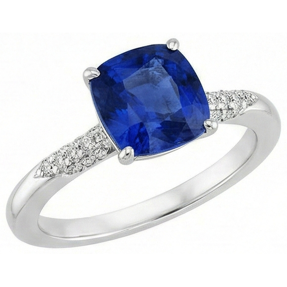 Blue Cushion Cut Sapphire And Natural Earth Mined Diamond Wedding Ring Gold 14K 2 Ct.