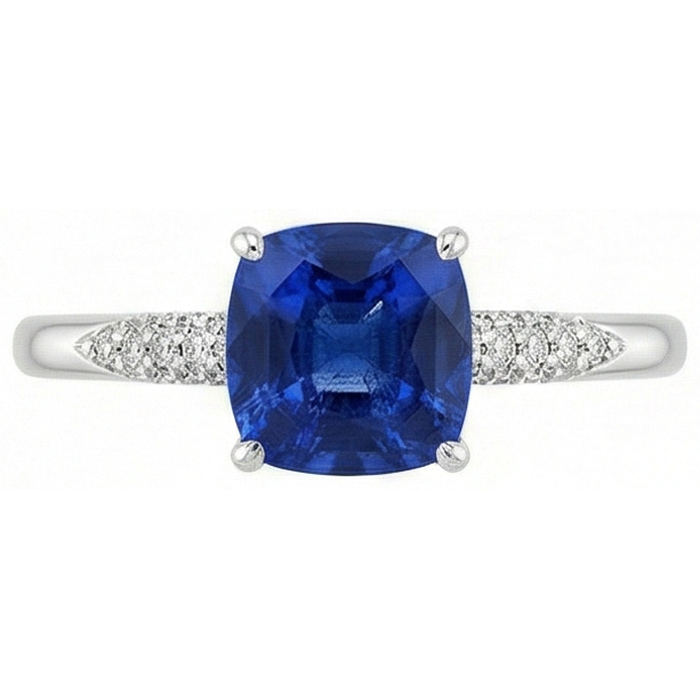 Blue Cushion Cut Sapphire And Natural Earth Mined Diamond Wedding Ring Gold 14K 2 Ct.