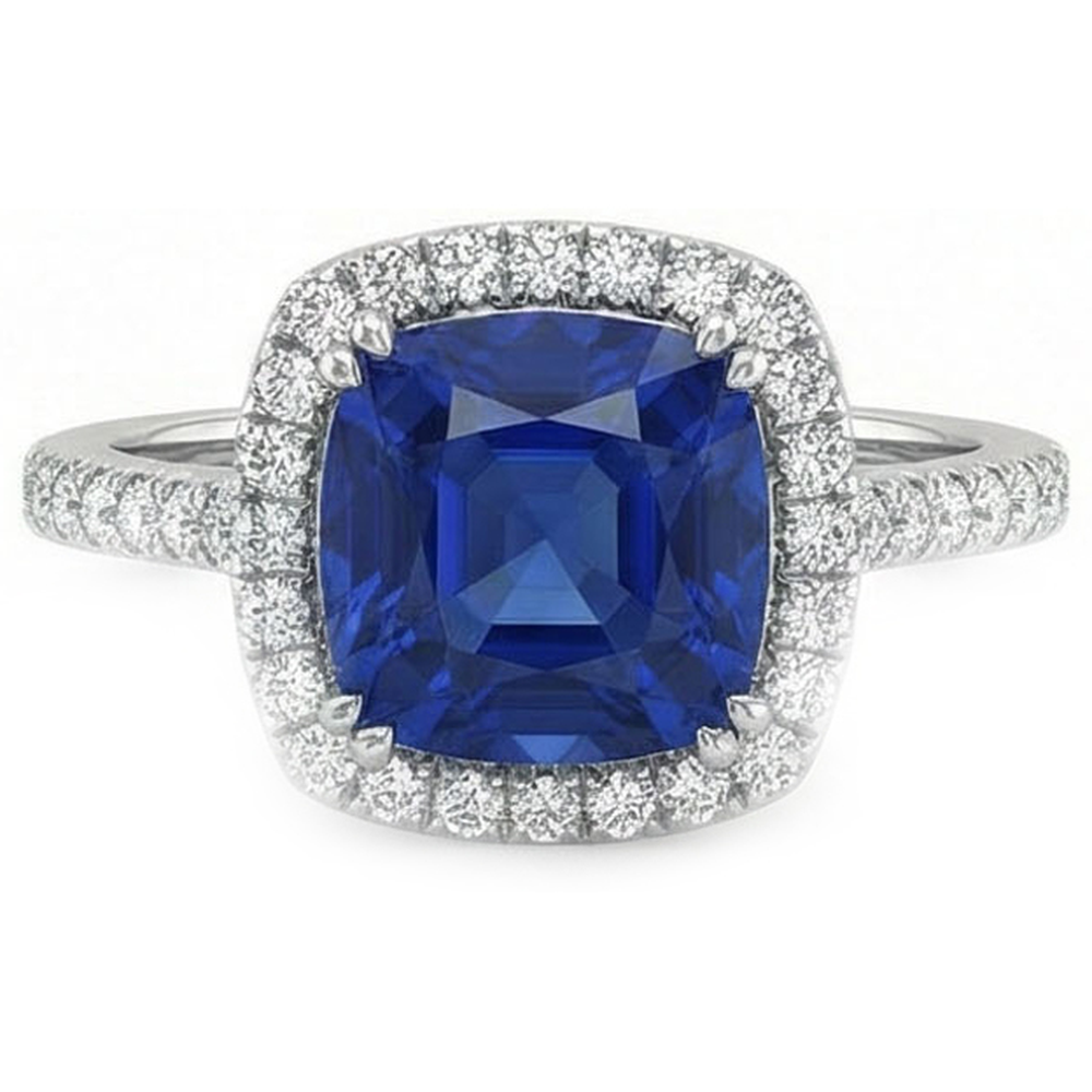 Blue Cushion Cut Sapphire Halo Natural Earth Mined Diamond Wedding Ring 3.5 Ct Gold 14K