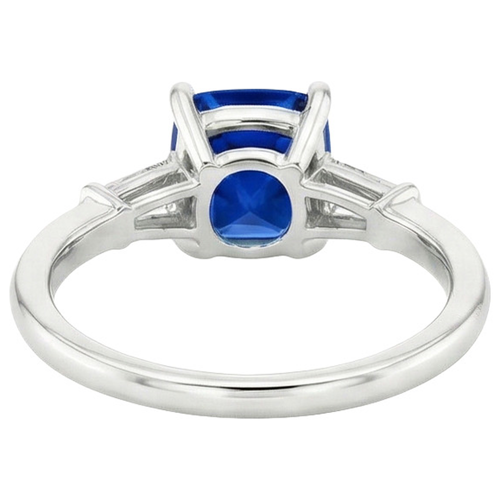 Blue Cushion Sapphire & Baguette Natural Earth Mined Diamonds 3 Stone Ring 2.75 Carats New