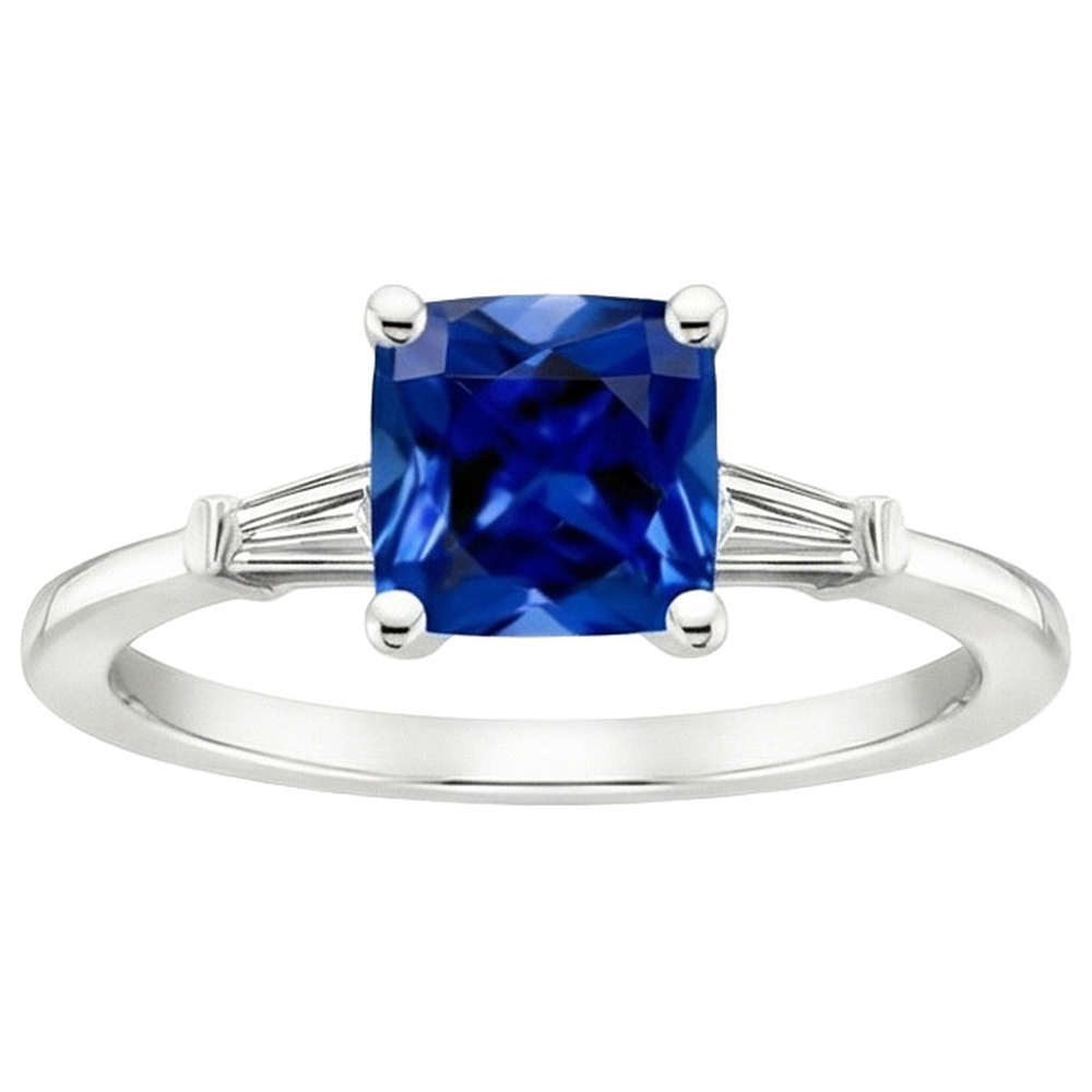 Blue Cushion Sapphire & Baguette Natural Earth Mined Diamonds 3 Stone Ring 2.75 Carats New