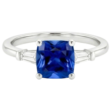 Blue Cushion Sapphire & Baguette Natural Earth Mined Diamonds 3 Stone Ring 2.75 Carats New