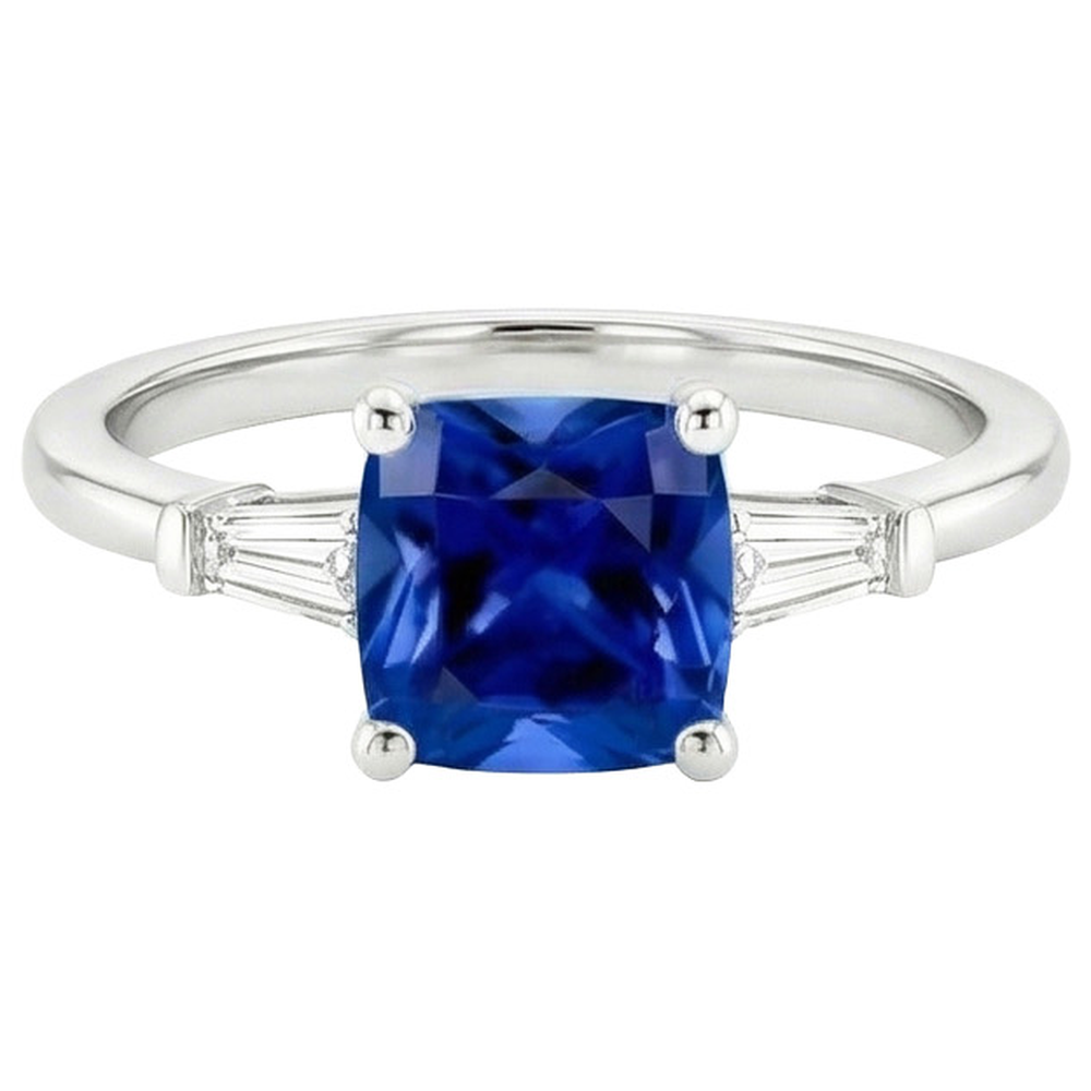 Blue Cushion Sapphire & Baguette Natural Earth Mined Diamonds 3 Stone Ring 2.75 Carats New