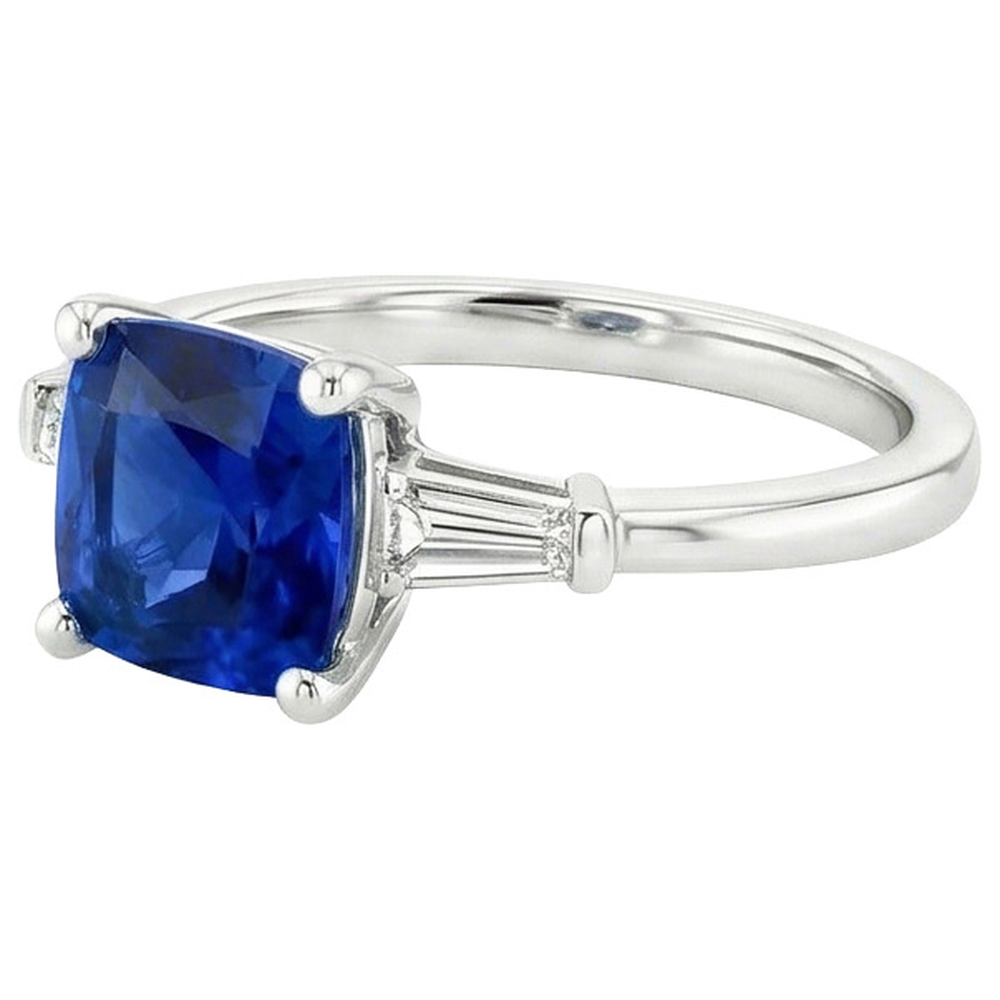Blue Cushion Sapphire & Baguette Natural Earth Mined Diamonds 3 Stone Ring 2.75 Carats New