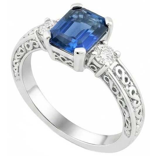Blue Emerald Cut Sapphire And Natural Earth Mined Diamond 3 Stone Ring 2.50 Carats Gold