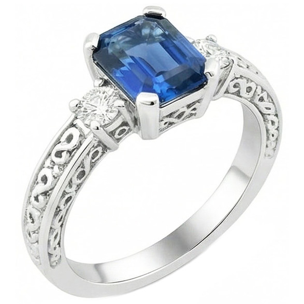 Blue Emerald Cut Sapphire And Natural Earth Mined Diamond 3 Stone Ring 2.50 Carats Gold