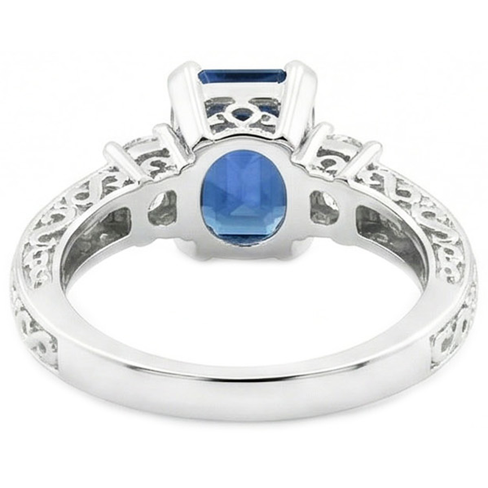 Blue Emerald Cut Sapphire And Natural Earth Mined Diamond 3 Stone Ring 2.50 Carats Gold