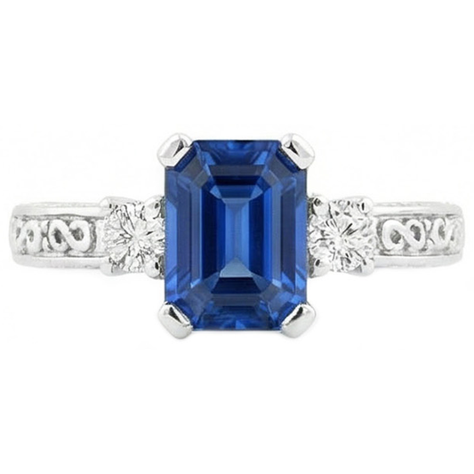 Blue Emerald Cut Sapphire And Natural Earth Mined Diamond 3 Stone Ring 2.50 Carats Gold