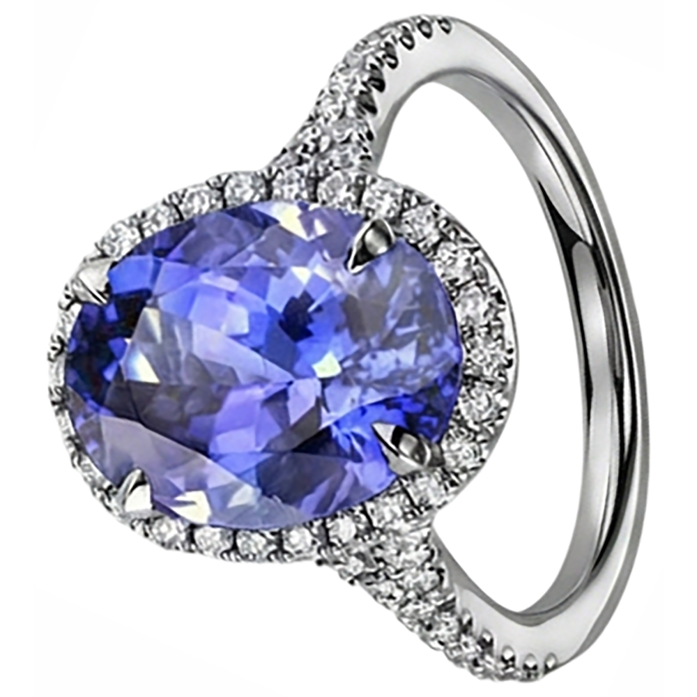 Blue Oval Cut Tanzanite And Natural Earth Mined Diamond Ring 6.50 Carats White Gold 14K