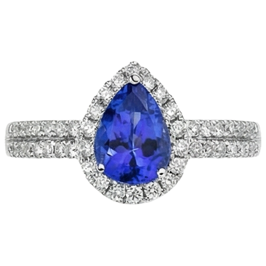 Blue Pear Shape Tanzanite And Round Natural Earth Mined Diamonds 4.75 Ct Ring 14K Gold