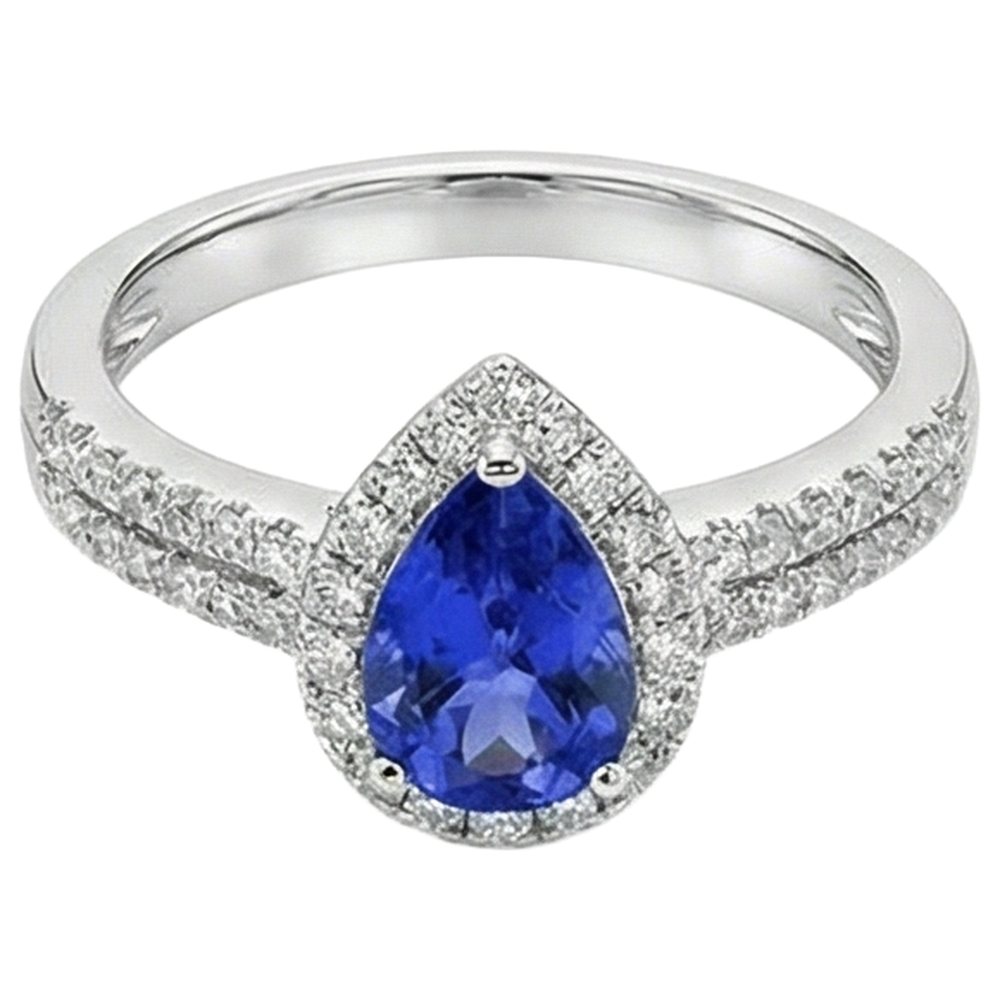 Blue Pear Shape Tanzanite And Round Natural Earth Mined Diamonds 4.75 Ct Ring 14K Gold