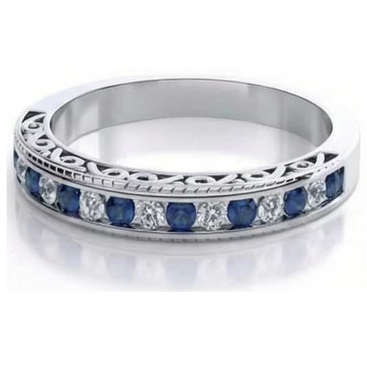 Blue Round Sapphire Natural Earth Mined Diamond Wedding Band White Gold 3.40 Carats