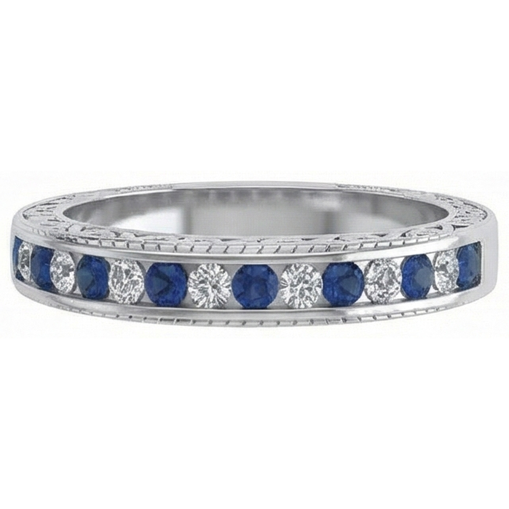 Blue Round Sapphire Natural Earth Mined Diamond Wedding Band White Gold 3.40 Carats