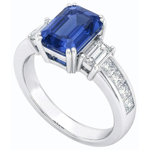Blue Sapphire 3 Stone Emerald Cut Ring & Princess Natural Earth Mined Diamonds 4 Carats