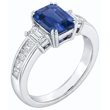 Blue Sapphire 3 Stone Emerald Cut Ring & Princess Natural Earth Mined Diamonds 4 Carats