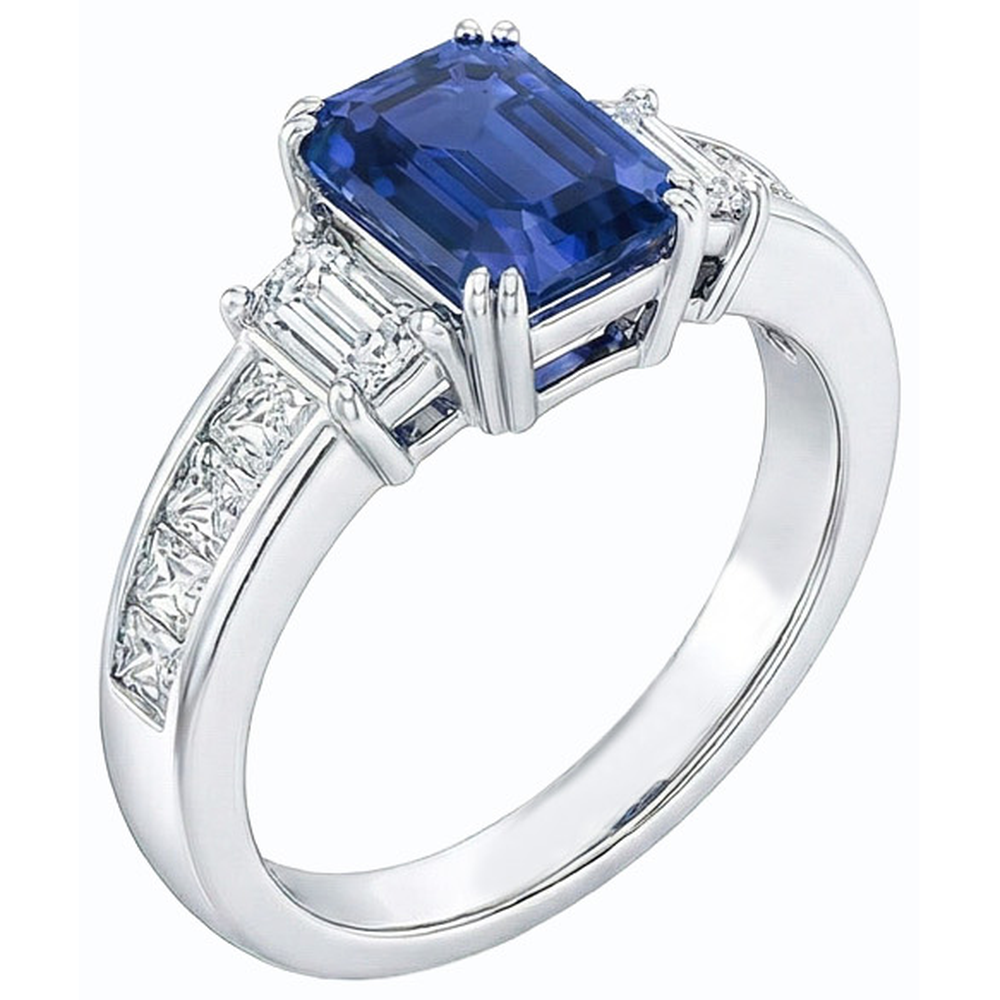 Blue Sapphire 3 Stone Emerald Cut Ring & Princess Natural Earth Mined Diamonds 4 Carats