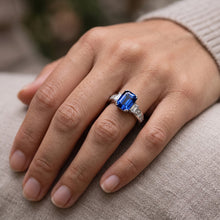 Blue Sapphire 3 Stone Emerald Cut Ring & Princess Natural Earth Mined Diamonds 4 Carats