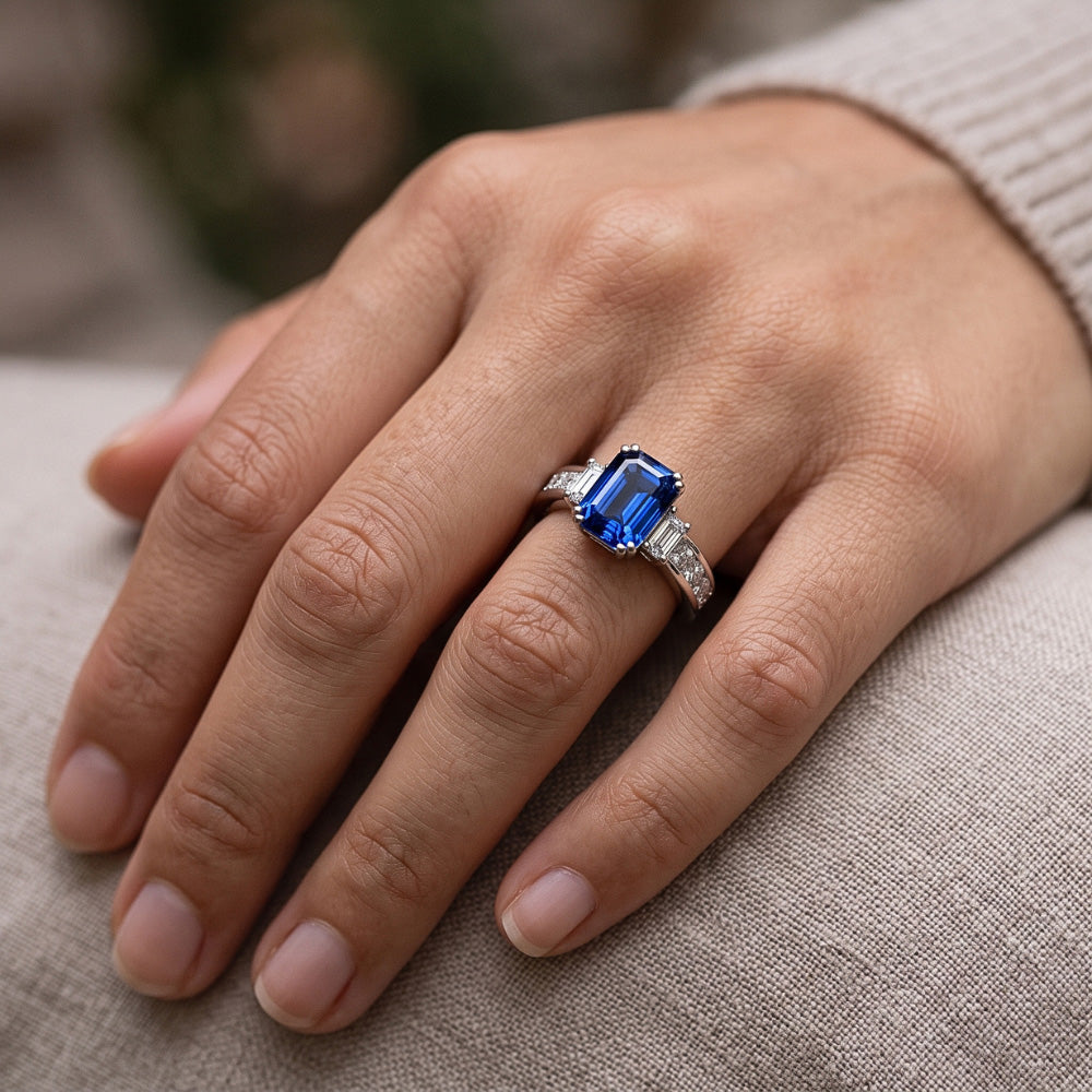Blue Sapphire 3 Stone Emerald Cut Ring & Princess Natural Earth Mined Diamonds 4 Carats