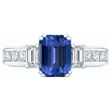 Blue Sapphire 3 Stone Emerald Cut Ring & Princess Natural Earth Mined Diamonds 4 Carats