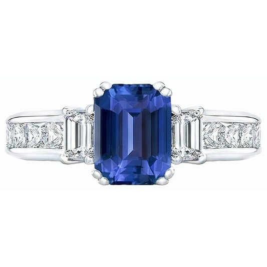 Blue Sapphire 3 Stone Emerald Cut Ring & Princess Natural Earth Mined Diamonds 4 Carats