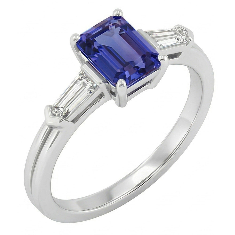 Blue Sapphire 3 Stone Emerald Ring With Baguette Natural Earth Mined Diamonds 2.25 Carats