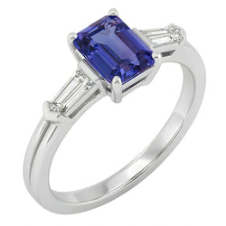 Blue Sapphire 3 Stone Emerald Ring With Baguette Natural Earth Mined Diamonds 2.25 Carats