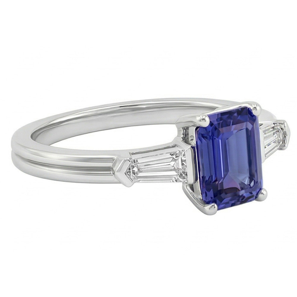 Blue Sapphire 3 Stone Emerald Ring With Baguette Natural Earth Mined Diamonds 2.25 Carats