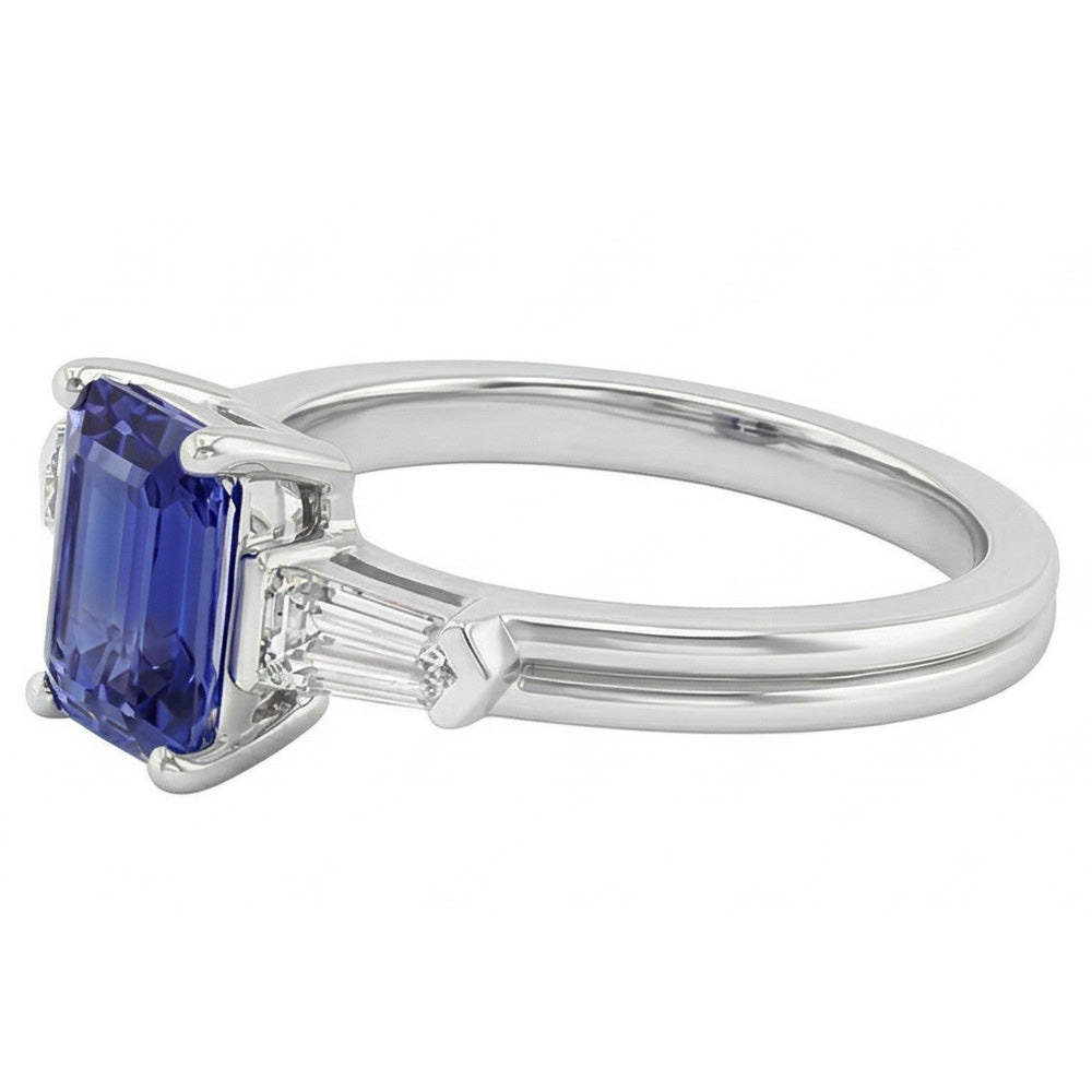 Blue Sapphire 3 Stone Emerald Ring With Baguette Natural Earth Mined Diamonds 2.25 Carats