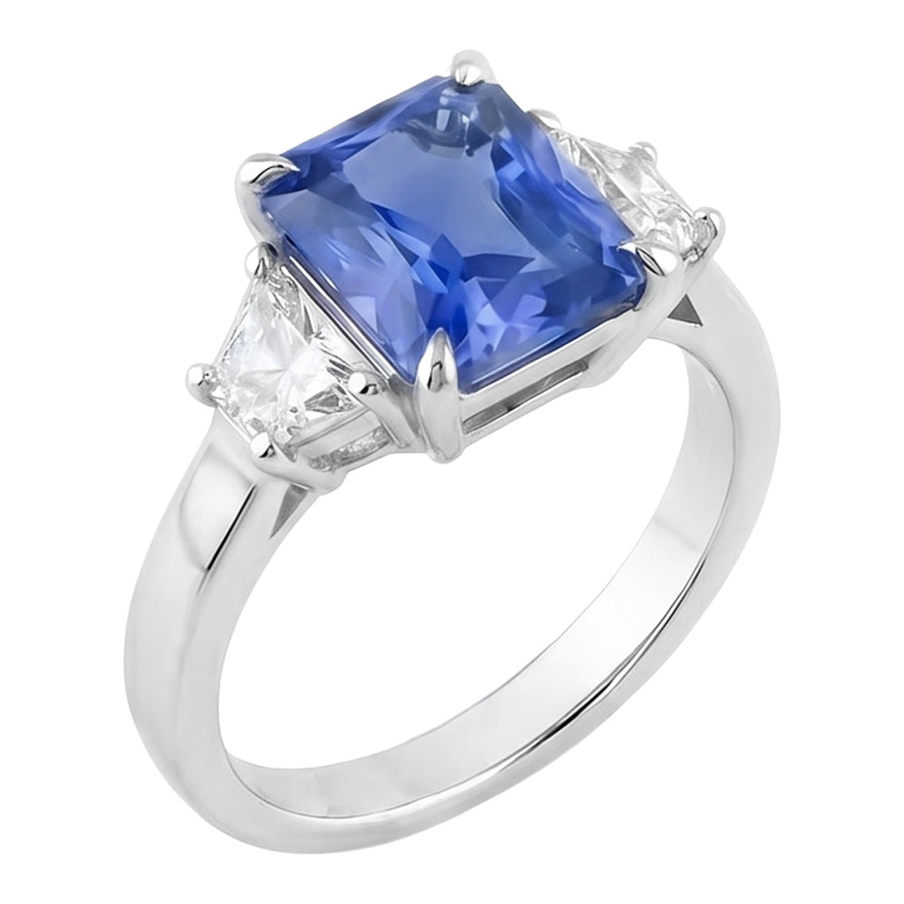 Blue Sapphire 3 Stone Ring Half Moon Natural Earth Mined Diamonds Prong Set 3.50 Carats