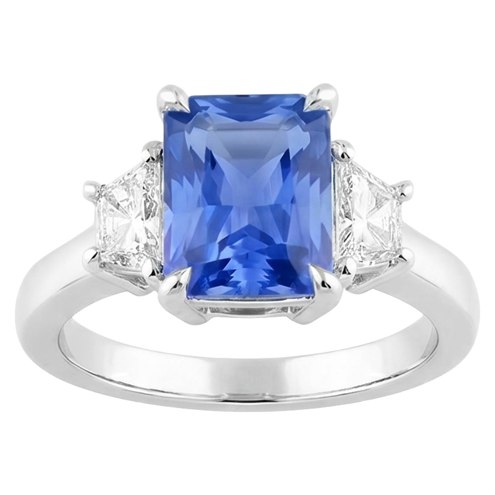 Blue Sapphire 3 Stone Ring Half Moon Natural Earth Mined Diamonds Prong Set 3.50 Carats