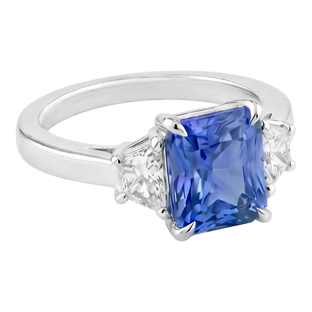 Blue Sapphire 3 Stone Ring Half Moon Natural Earth Mined Diamonds Prong Set 3.50 Carats