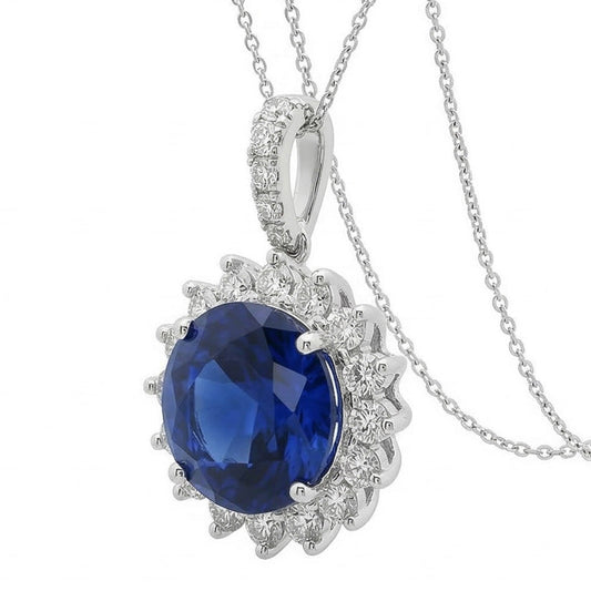 Blue Sapphire And IGI CERTIFIED Diamonds Pendant Necklace 8.40 Carats White Gold 14K