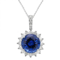 Blue Sapphire And Natural Earth Mined DIAMOND ( NOT LAB GROWN )s Pendant Necklace 8.40 Carats White Gold 14K